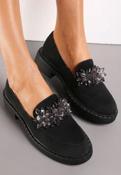 Czarne Mokasyny z Kryształkami i Wkładką ze Skóry Naturalnej Limiha