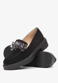 Czarne Mokasyny z Kryształkami i Wkładką ze Skóry Naturalnej Limiha