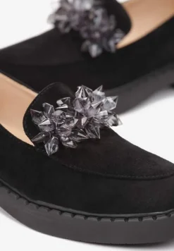 Czarne Mokasyny z Kryształkami i Wkładką ze Skóry Naturalnej Limiha