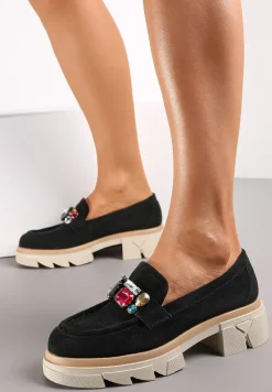 Czarne Mokasyny z Kryształami i Wkładką ze Skóry Naturalnej Zaidy