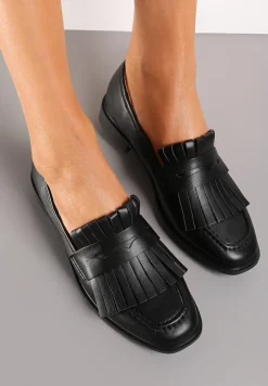 Czarne Mokasyny z Kwadratowym Noskiem i Frędzlami Tarnissa