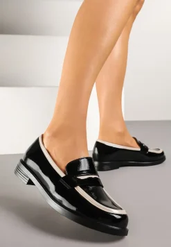 Czarne Mokasyny z Lakierowanym Połyskiem Skórzaną Wkładką i Lamówką Nusavina