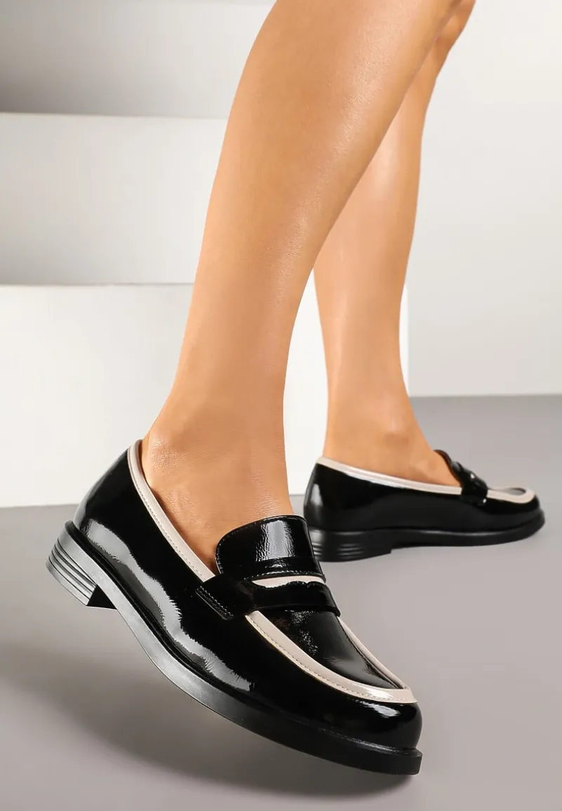 Czarne Mokasyny z Lakierowanym Połyskiem Skórzaną Wkładką i Lamówką Nusavina