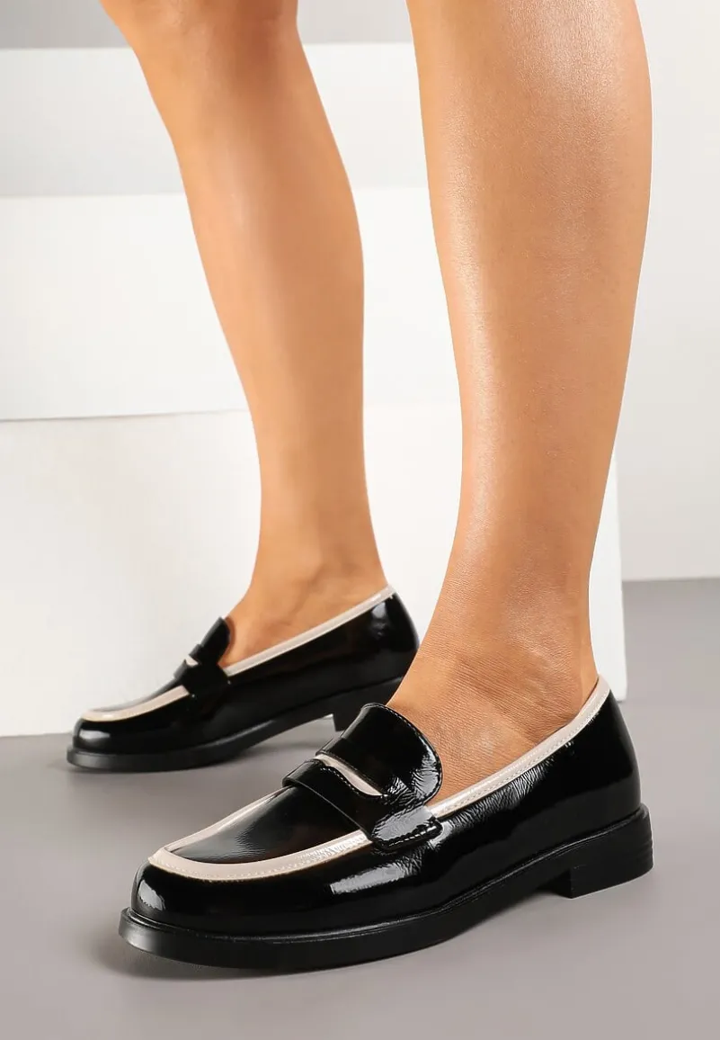 Czarne Mokasyny z Lakierowanym Połyskiem Skórzaną Wkładką i Lamówką Nusavina