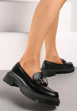 Czarne Mokasyny z Literkami na Klamerce Nalastra