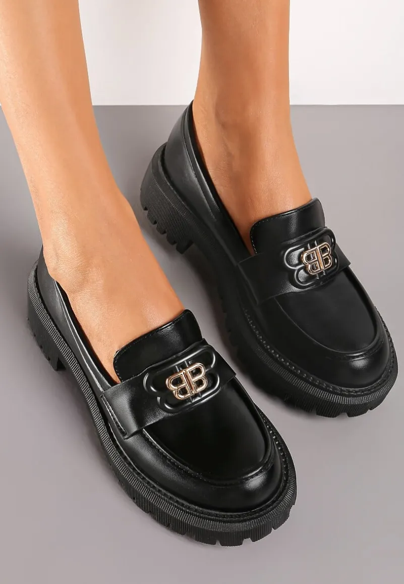 Czarne Mokasyny z Literkami na Klamerce Nalastra