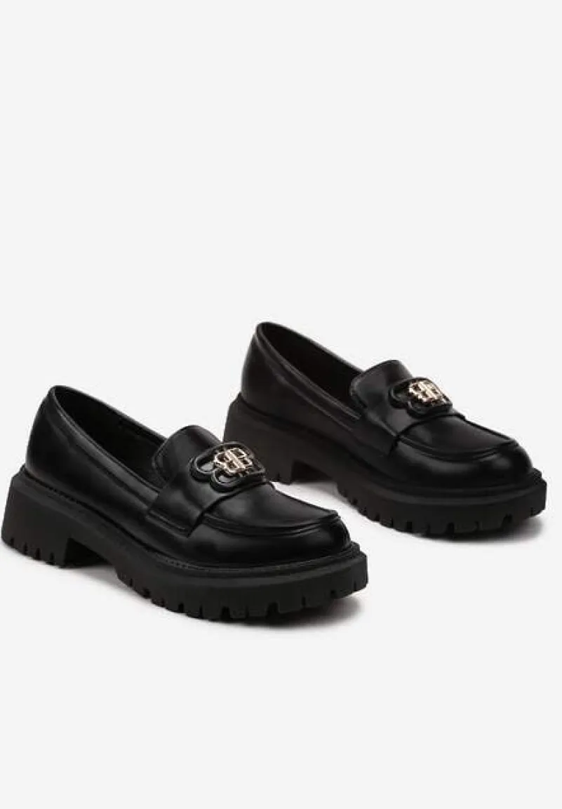 Czarne Mokasyny z Literkami na Klamerce Nalastra