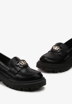 Czarne Mokasyny z Literkami na Klamerce Nalastra