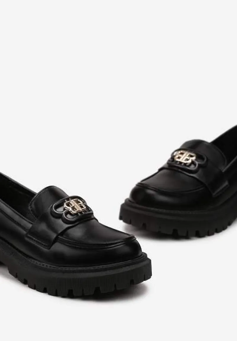 Czarne Mokasyny z Literkami na Klamerce Nalastra