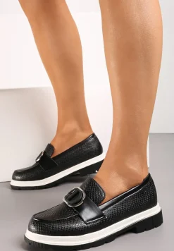 Czarne Mokasyny z Metaliczną Aplikacją i Delikatnym Printem Unica