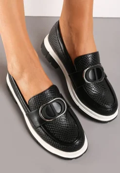 Czarne Mokasyny z Metaliczną Aplikacją i Delikatnym Printem Unica