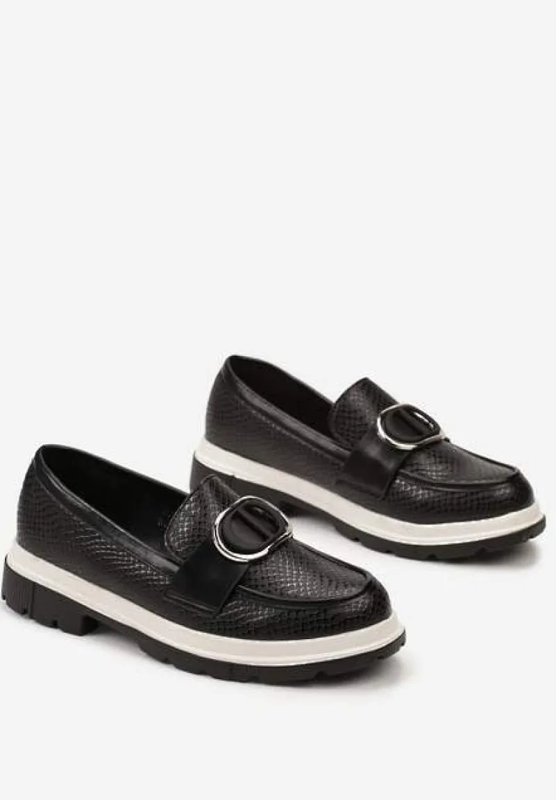 Czarne Mokasyny z Metaliczną Aplikacją i Delikatnym Printem Unica