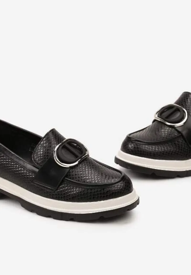 Czarne Mokasyny z Metaliczną Aplikacją i Delikatnym Printem Unica