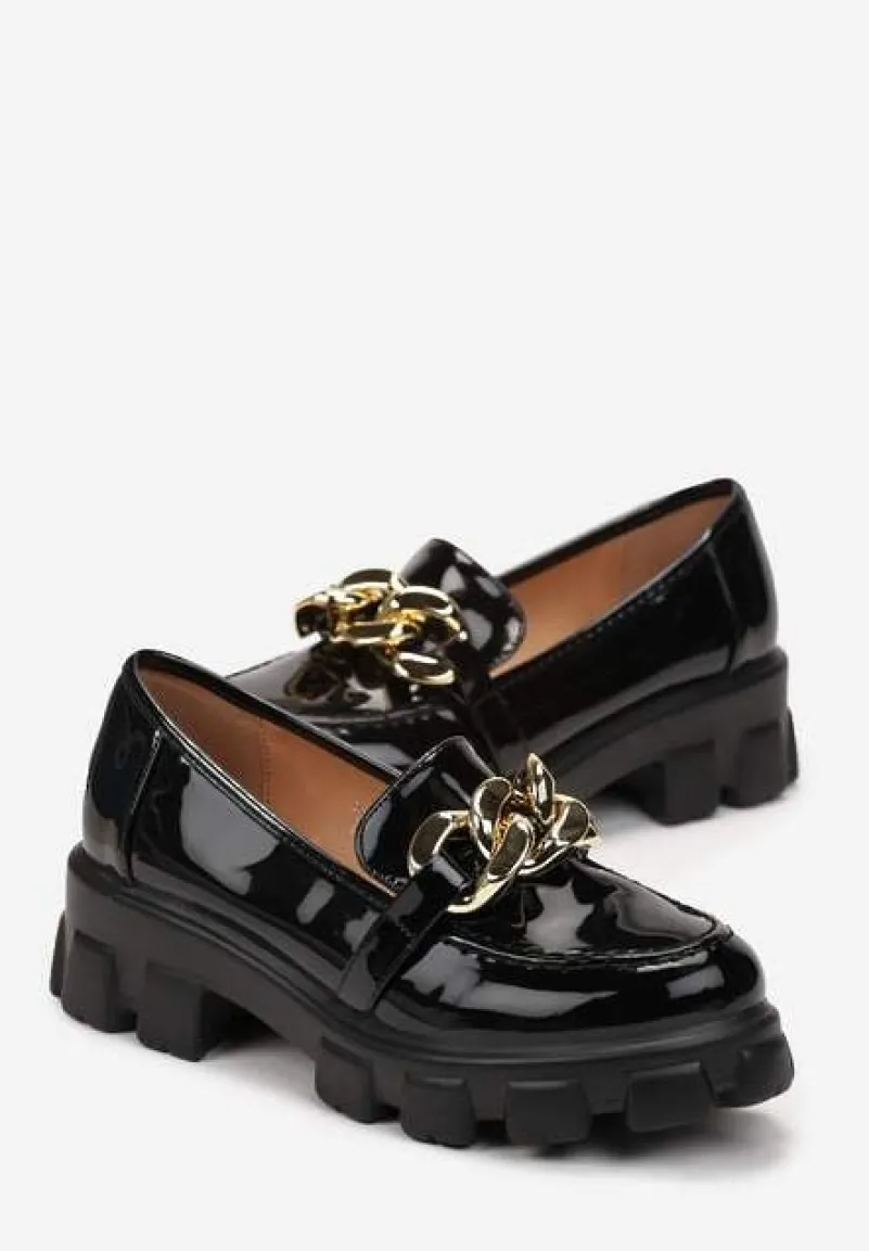 Czarne Mokasyny z Ozdobnym Łańcuchem na Grubej Podeszwie Rarola