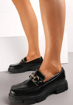 Czarne Mokasyny z Paskiem i Metalową Klamerką Jasminella