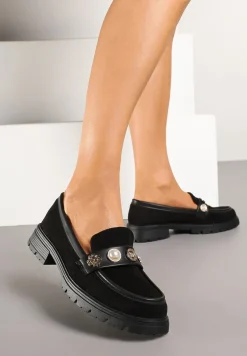 Czarne Mokasyny z Perełkami i Ozdobami Eladeo