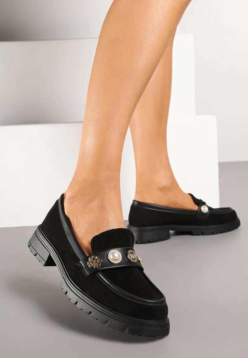 Czarne Mokasyny z Perełkami i Ozdobami Eladeo