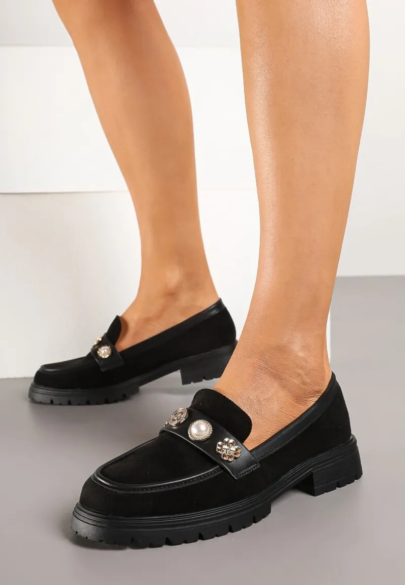 Czarne Mokasyny z Perełkami i Ozdobami Eladeo
