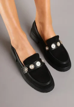 Czarne Mokasyny z Perełkami i Ozdobami Eladeo