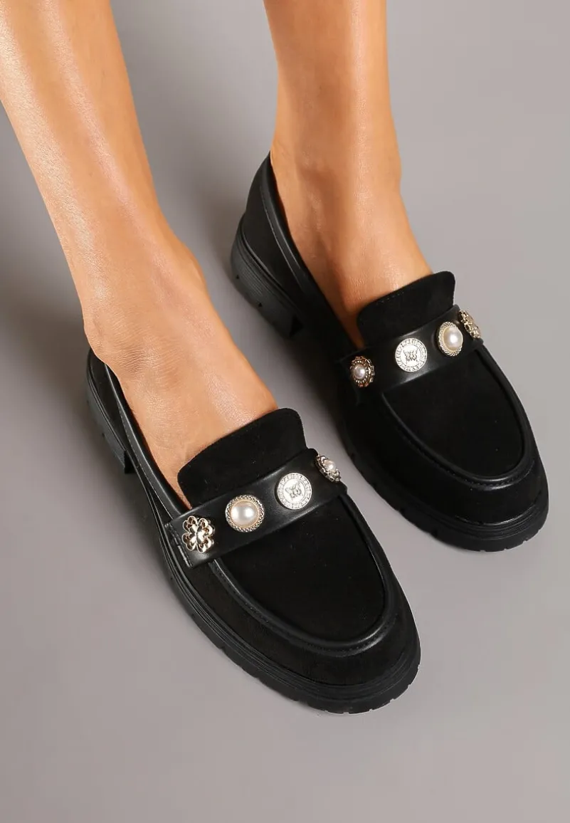 Czarne Mokasyny z Perełkami i Ozdobami Eladeo
