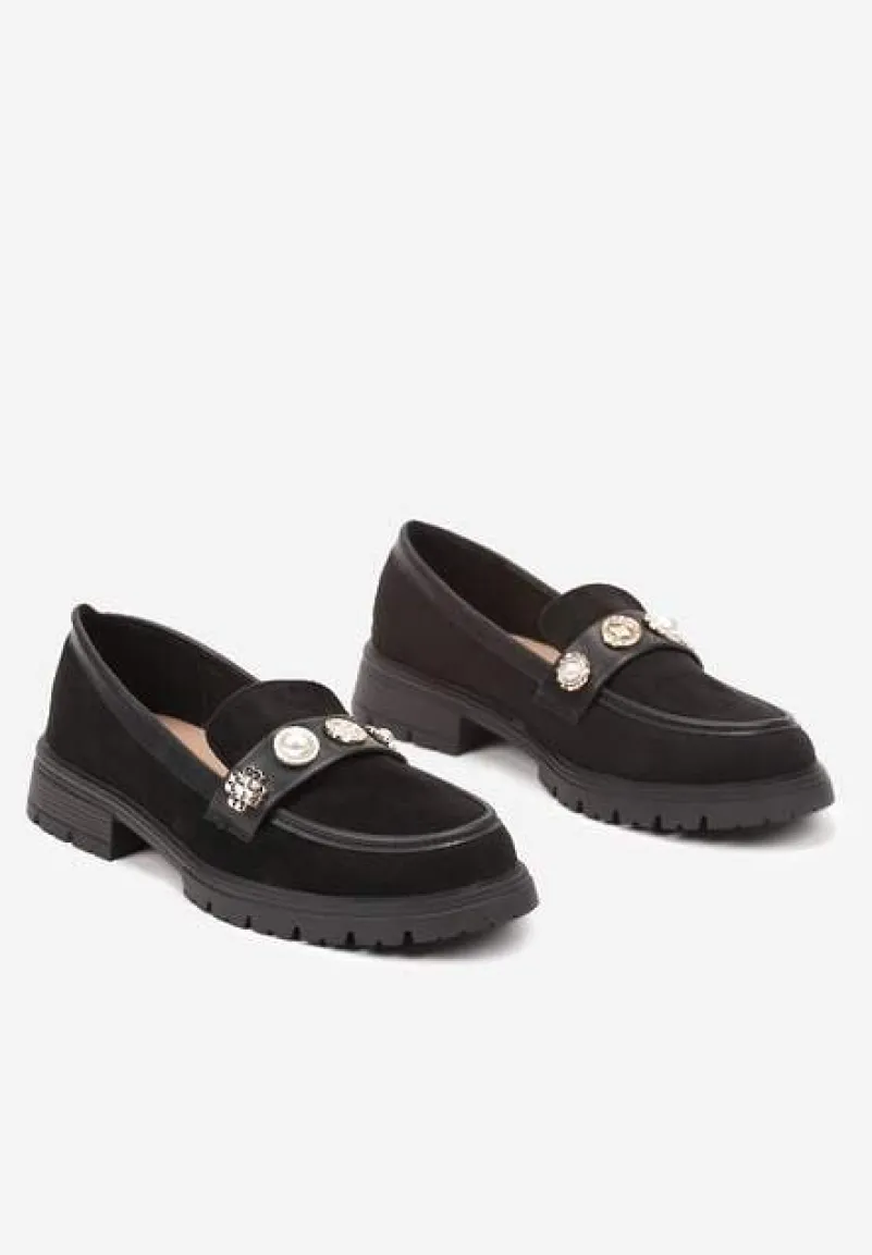 Czarne Mokasyny z Perełkami i Ozdobami Eladeo