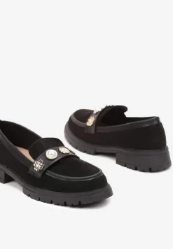 Czarne Mokasyny z Perełkami i Ozdobami Eladeo