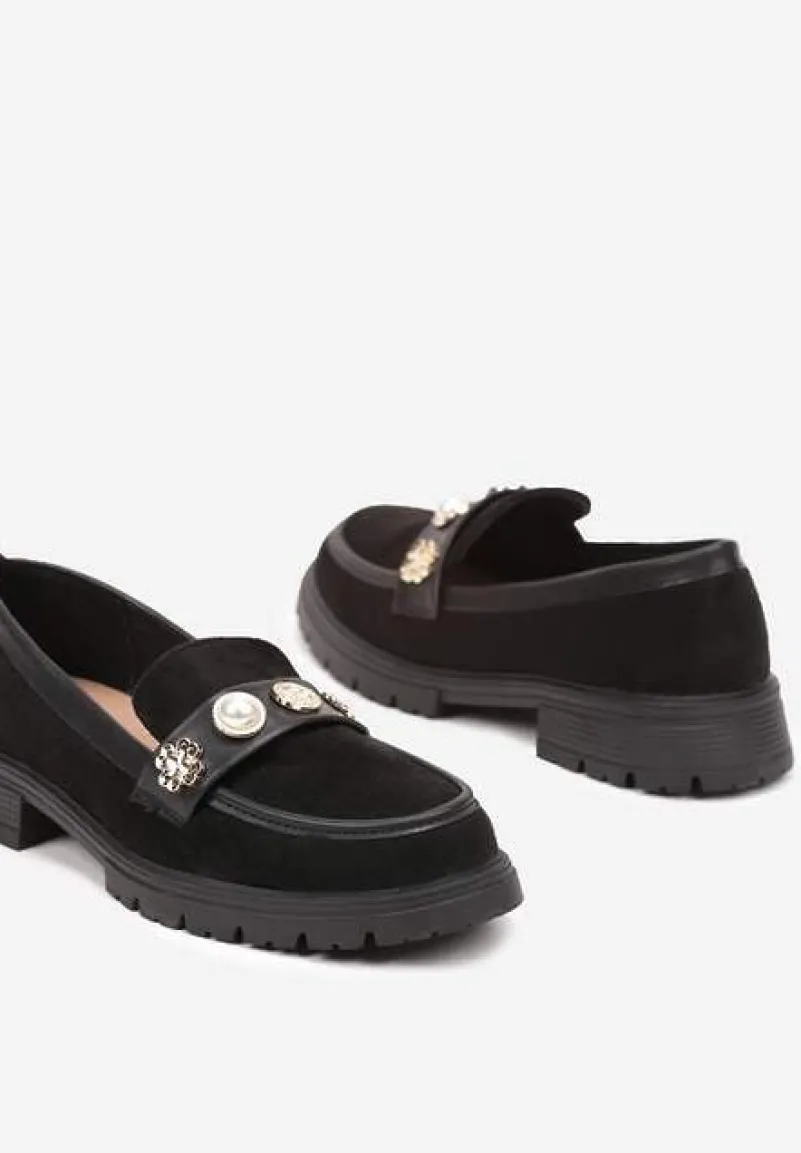 Czarne Mokasyny z Perełkami i Ozdobami Eladeo