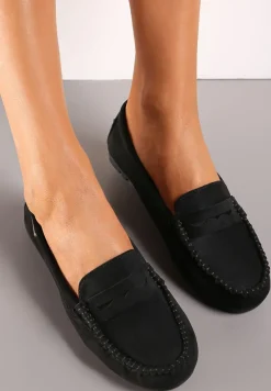 Czarne Mokasyny z Przeszyciami i Wkładką ze Skóry Naturalnej Isotta