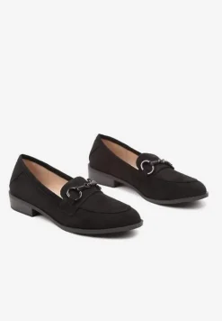 Czarne Mokasyny z Wkładką ze Skóry Naturalnej Zdobione Łańcuszkiem Delariona