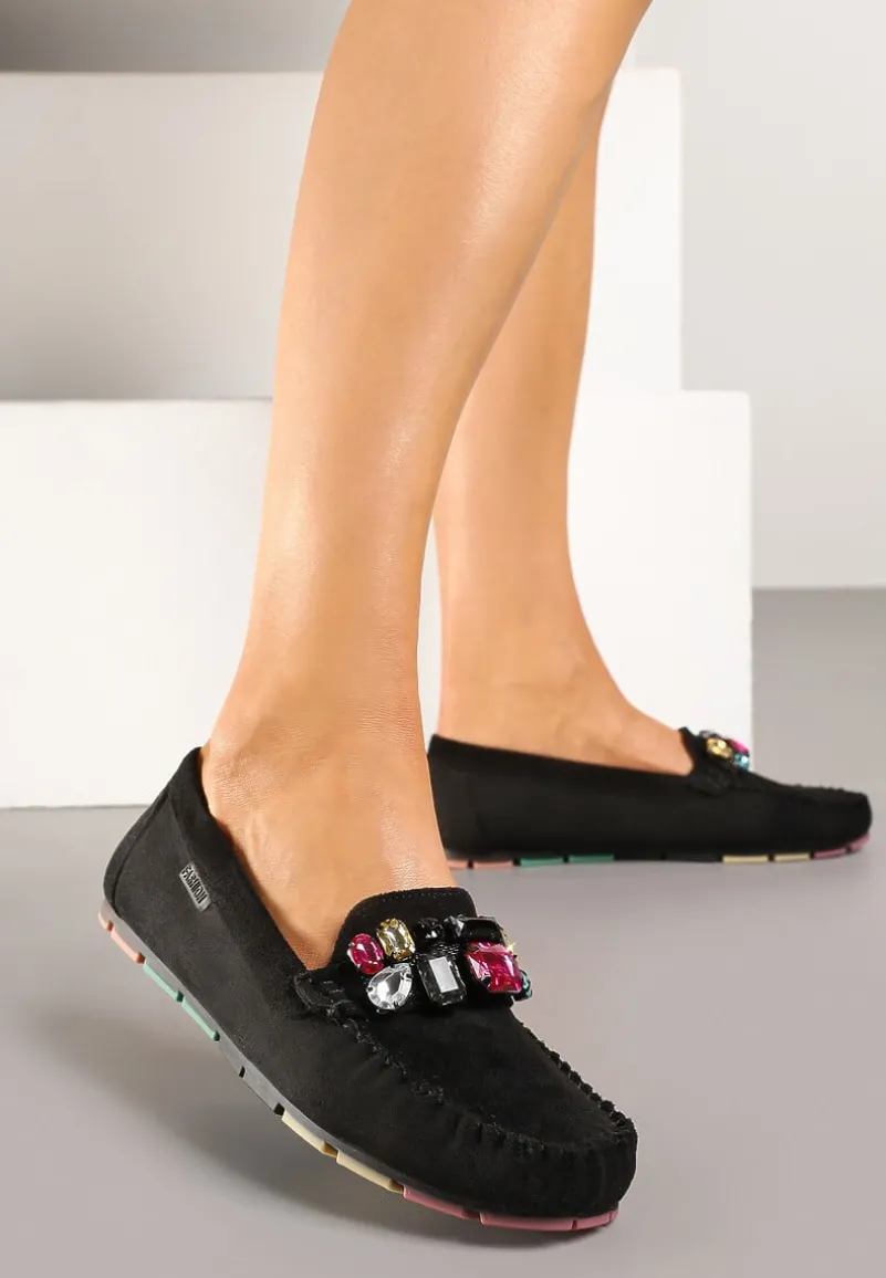 Czarne Mokasyny z Wkładką ze Skóry Naturalnej i Cyrkoniami Zimora