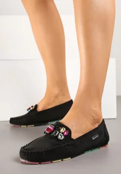 Czarne Mokasyny z Wkładką ze Skóry Naturalnej i Cyrkoniami Zimora