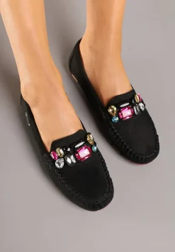 Czarne Mokasyny z Wkładką ze Skóry Naturalnej i Cyrkoniami Zimora