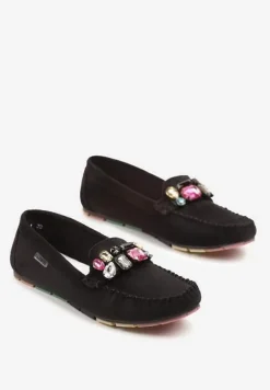 Czarne Mokasyny z Wkładką ze Skóry Naturalnej i Cyrkoniami Zimora