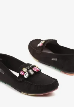 Czarne Mokasyny z Wkładką ze Skóry Naturalnej i Cyrkoniami Zimora