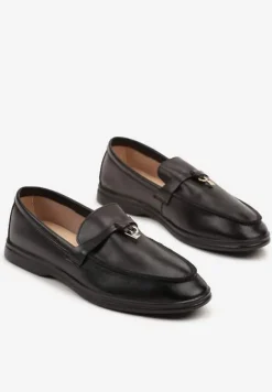 Czarne Mokasyny Zdobione Elegancką Aplikacją ze Skórzaną Wkładką Doreme