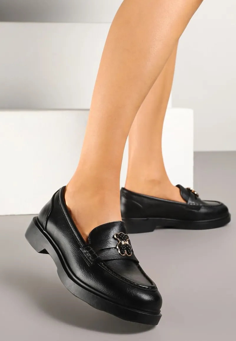 Czarne Mokasyny ze Skórzaną Wkładką i Ozdobą Meralitia