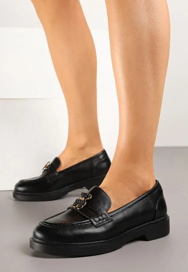 Czarne Mokasyny ze Skórzaną Wkładką i Ozdobą Meralitia