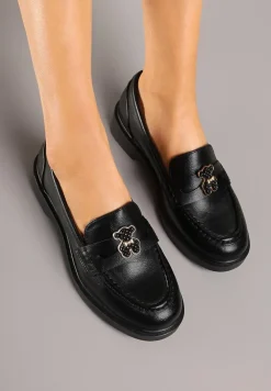 Czarne Mokasyny ze Skórzaną Wkładką i Ozdobą Meralitia