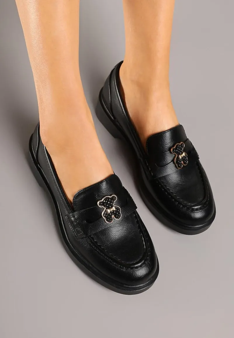 Czarne Mokasyny ze Skórzaną Wkładką i Ozdobą Meralitia