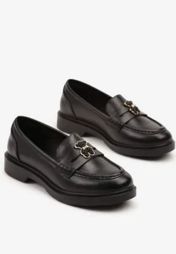 Czarne Mokasyny ze Skórzaną Wkładką i Ozdobą Meralitia