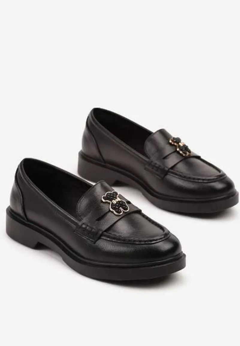 Czarne Mokasyny ze Skórzaną Wkładką i Ozdobą Meralitia