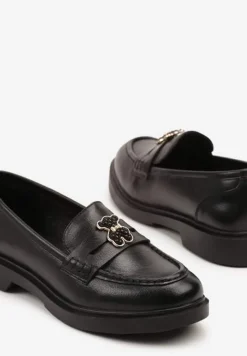 Czarne Mokasyny ze Skórzaną Wkładką i Ozdobą Meralitia