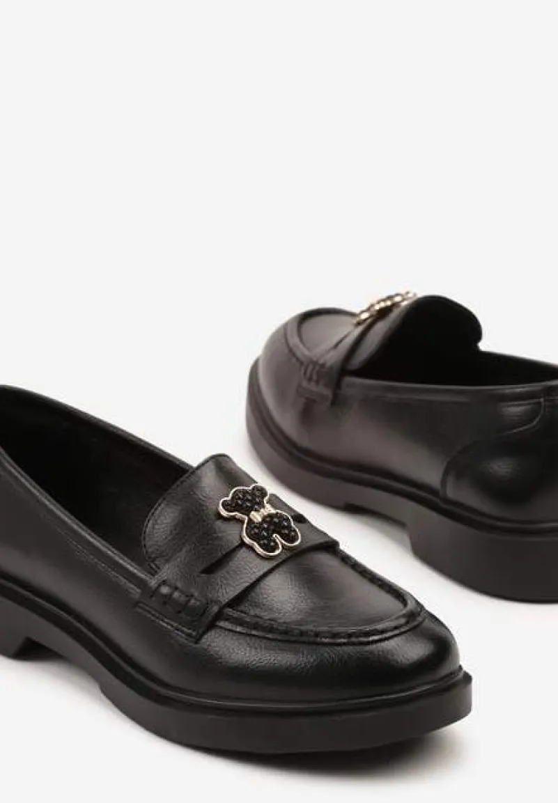Czarne Mokasyny ze Skórzaną Wkładką i Ozdobą Meralitia
