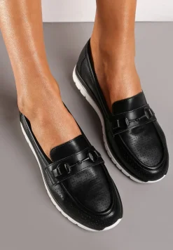 Czarne Mokasyny ze Skórzaną Wkładką Perforacją i Klamrą Gamiara