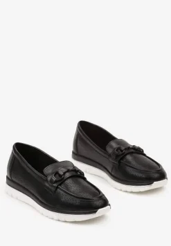 Czarne Mokasyny ze Skórzaną Wkładką Perforacją i Klamrą Gamiara