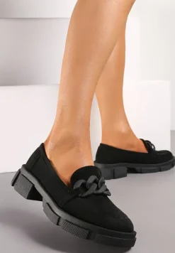 Czarne Mokasyny ze Skórzaną Wkładką i Łańcuchem Forote