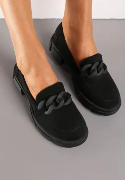Czarne Mokasyny ze Skórzaną Wkładką i Łańcuchem Forote