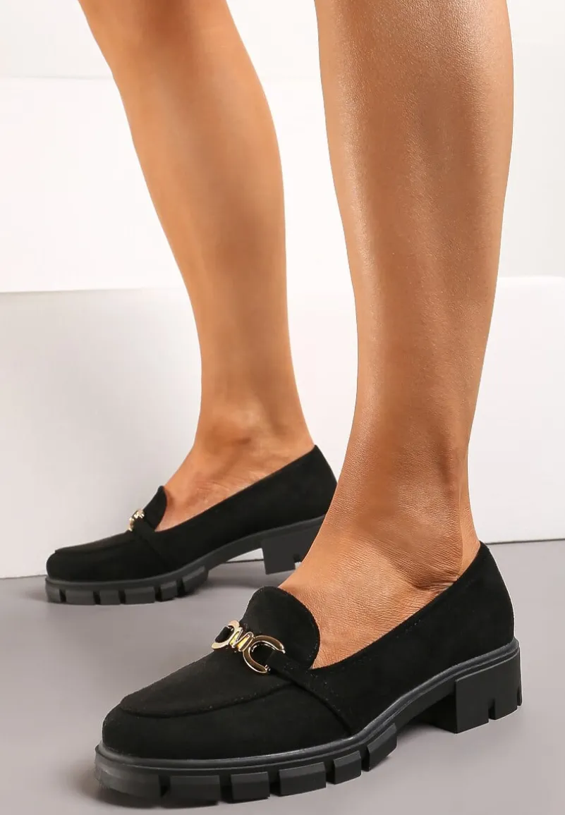 Czarne Mokasyny ze Skórzaną Wkładką i Grubą Ozdobną Podeszwą Voselina
