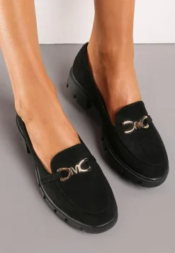 Czarne Mokasyny ze Skórzaną Wkładką i Grubą Ozdobną Podeszwą Voselina