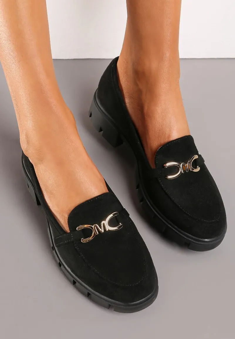 Czarne Mokasyny ze Skórzaną Wkładką i Grubą Ozdobną Podeszwą Voselina